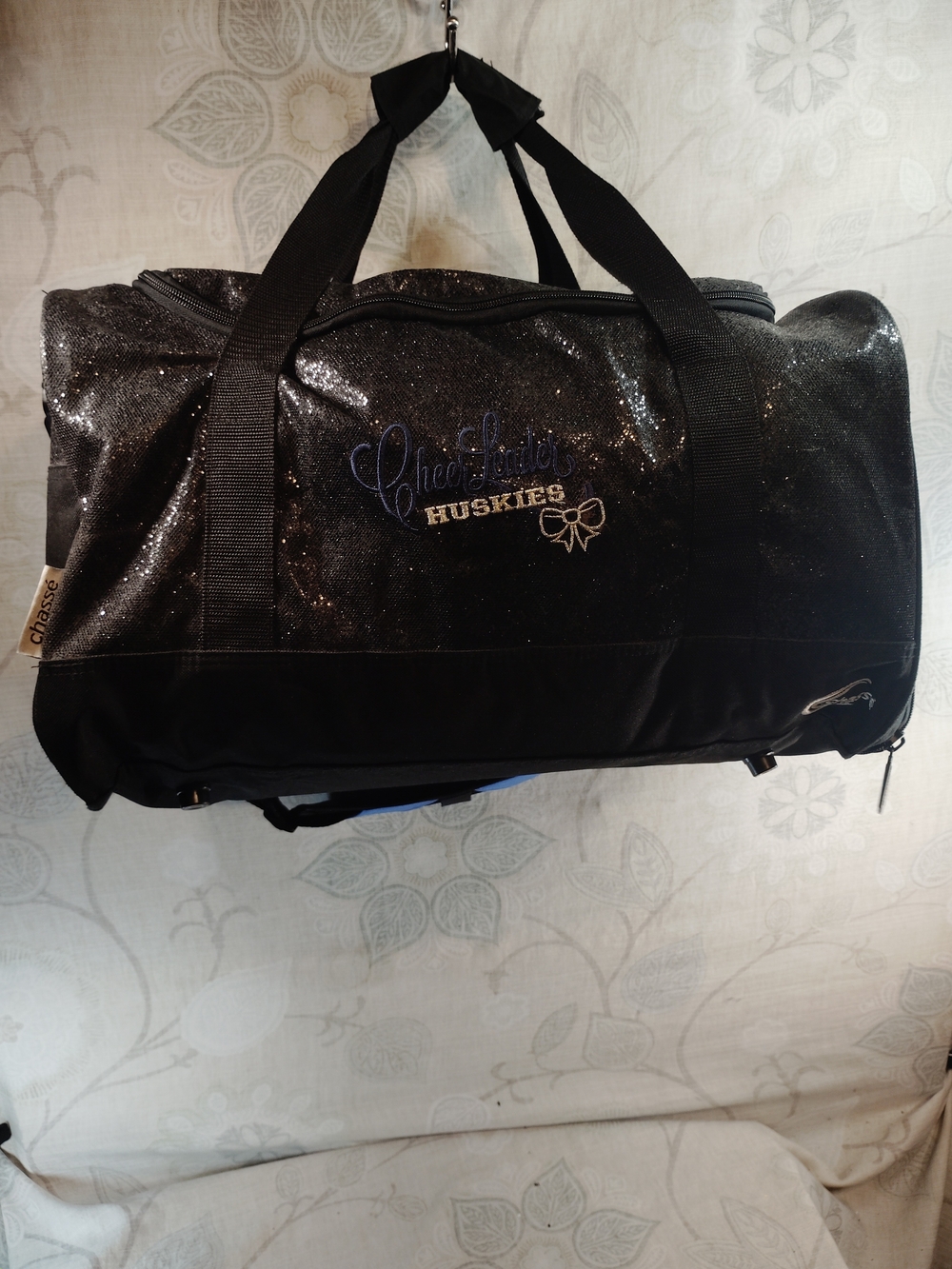 Chasse Black Glitter Duffel Bag w/Cheerleader Huskies Logo